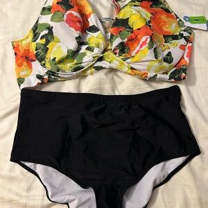 Floral High waisted Bikini Top and Black Bottom Set
